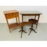 A (R) THREE DRAWER STAND ALONG WITH TWO PEDESTAL WINE TABLES AND EDWARDIAN RECTANGULAR SIDE TABLE