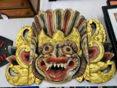 COLOURED INDIAN WALL MASK TOGETHER WITH SET OF 6 FRAMED INDIAN STYLE PRINTS + ONE OTHER