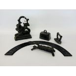 CAST IRON ITEMS COMPRISING NORTH WALSHAM CAST PLAQUE, A C19TH WEIGHT, AN IRON,