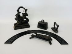 CAST IRON ITEMS COMPRISING NORTH WALSHAM CAST PLAQUE, A C19TH WEIGHT, AN IRON,