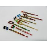 9 X VINTAGE BONE LACE MAKING BOBBINS ALL WITH SPANGLES,