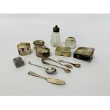 COLLECTION OF SILVER ITEMS TO INCLUDE 3 SERVIETTE RINGS, MINIATURE SILVER CHERUB FACED HYMN BOOK,