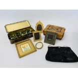 BOX OF COLLECTIBLES TO INCLUDE COSTUME JEWELLERY, BEADED EVENING BAG, PHOTO FRAMES,