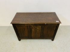 A SMALL OAK BLANKET BOX - W 76CM. D 36CM. H 49CM.