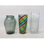 LARGE MURANO ART GLASS VASE 32CM ALONG WITH 2 FURTHER PLAIN HAND MADE VASES.