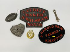 FOUR CAST IRON AGRICULTURAL NAME PLATES, CUBITT NORTH WALSHAM, J HARROLD PAYNE,