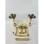 A CONTINENTAL ALABASTER MANTEL CLOCK WITH MATCHING FIVE POT CANDELABRA GARNITURES A/F FOR