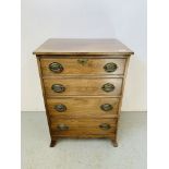 A SMALL MAHOGANY FOUR DRAWER CHEST STANDING ON SPLAYED BRACKET FEET WITH PLATE METAL HANDLES - W