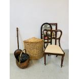 A BRASS AND COPPER COAL HELMET, A BRASS AND COPPER BED WARMING PAN, A CORNER WICKER LAUNDRY BASKET,