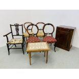 TWO PAIRS OF PERIOD MAHOGANY SIDE CHAIRS A/F, AN ELBOW CHAIR,