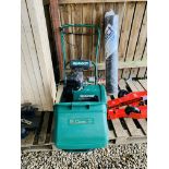 A QUALCAST CLASSIC PETROL 35S CYLINDER MOWER WITH SCARIFIER ATTACHMENT (INSTRUCTIONS WITH