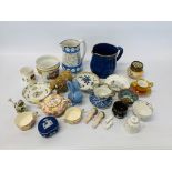 TRAY OF SUNDRY CHINAWARE TO INCLUDE ROYAL WINTON GRIMWADES 3 PIECE TEA SET, ORIENTAL DISH,