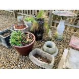 A GROUP OF VARIOUS GARDEN PLANTERS, STONEWORK BIRD BATH, GLAZED STRAWBERRY PLANTER, FLAGSTONES, ETC.