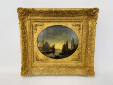 C19TH NETHERLANDISH SCHOOL: NOCTURNE WITH SHIPPING, OVAL, OIL ON CANVAS, RELINED,