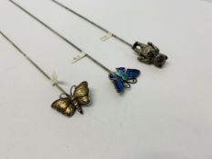 THREE SILVER CHARLES HORNER HAT PINS, ONE WITH ENAMEL BUTTERFLY,