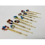 10 X VINTAGE BONE LACE MAKING BOBBINS ALL WITH SPANGLES, DECORATED,