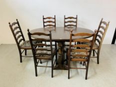 AN OVAL TOP OAK GATELEG DINING TABLE EXTENDED 152 X 91CM ALONG WITH A SET OF SIX LADDER BACK DINING