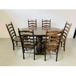 AN OVAL TOP OAK GATELEG DINING TABLE EXTENDED 152 X 91CM ALONG WITH A SET OF SIX LADDER BACK DINING