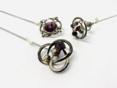 THREE SILVER CHARLES HORNER HAT PINS, ALL WITH AMETHYST FINIALS, 37, 39 & 47.
