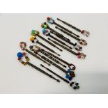 15 X VINTAGE WOODEN TURNED LACE MAKING BOBBINS ALL WITH SPANGLES,