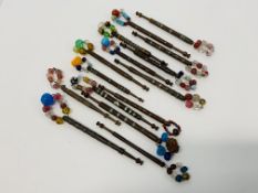 15 X VINTAGE WOODEN TURNED LACE MAKING BOBBINS ALL WITH SPANGLES,