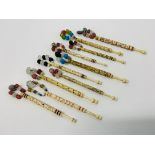 10 X VINTAGE BONE LACE MAKING BOBBINS ALL WITH SPANGLES, DECORATED,
