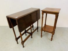 MAHOGANY DROP LEAF OCCASIONAL TABLE TOGETHER WITH A MAHOGANY FINISH TWO TIER STAND