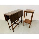 MAHOGANY DROP LEAF OCCASIONAL TABLE TOGETHER WITH A MAHOGANY FINISH TWO TIER STAND