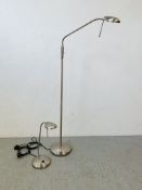 A MODERN DESIGNER BRUSHED STAINLESS STEEL FLOOR STANDING ANGLE POISE LAMP AND MATCHING TABLE LAMP