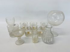 COLLECTION OF PERIOD GLASSWARE TO INCLUDE RUMMER, EARLY C19TH SMALL DECANTER (NEW LACKING STOPPER),