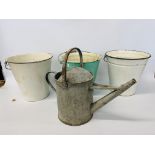 THREE ENAMEL BUCKETS PLUS GALVERNISED WATERING CAN