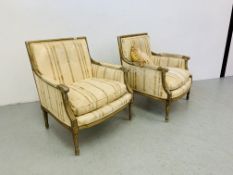 A PAIR OF CARTON STRAIGHT BACK CHAIRS WITH ANTIQUE GILT FINISH - REQUIRING REFURBISHMENT