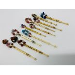 10 X VINTAGE BONE LACE MAKING BOBBINS ALL WITH SPANGLES, DECORATED,