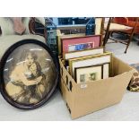 BOX OF VARIOUS PICTURES, PRINTS AND ETCHINGS TO INCLUDE OVAL FRAMED CONVEX PRINT ETC.