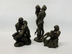 A GROUP OF THREE HEREDITES BRONZE EFFECT NUDE FIGURE STUDIES "LOVERS",