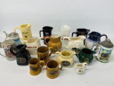 A COLLECTION OF TWELVE BAR TOP ADVERTISING WATER JUGS TO INCLUDE MARTEL "PARTY POLOTICS" LTD
