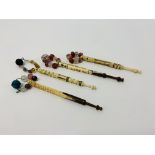 4 X VINTAGE BONE LACE MAKING BOBBINS ALL WITH SPANGLES, DECORATED AND SOME INSCRIBED,