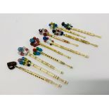 10 X VINTAGE BONE LACE MAKING BOBBINS ALL WITH SPANGLES, DECORATED,