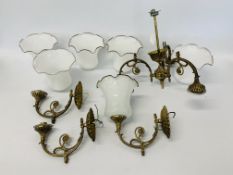 A SET OF THREE ANTIQUE BRASS WALL LIGHTS WITH SHADES PLUS A ANTIQUE BRASS THREE BRANCH LIGHT