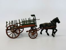 A CAST METAL HORSE AND WAGON C19TH / EARLY C20TH