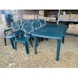 A GREEN UPVC SET OF PATIO DINING FURNITURE CONSISTING OF TABLE AND SIX CHAIRS