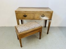 AN ANTIQUE MAHOGANY TWO DRAWER SIDE TABLE ON SQUARE TAPERED LEG W 98CM. D 47CM. H 79CM.