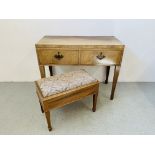 AN ANTIQUE MAHOGANY TWO DRAWER SIDE TABLE ON SQUARE TAPERED LEG W 98CM. D 47CM. H 79CM.