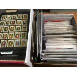 LARGE BOX STAMPS ON LEAVES AND LOOSE, FURTHER BOX FIRST DAY COVERS, SOUVENIR PACKS ETC.