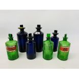 SEVEN CHEMIST'S BOTTLES, FOUR BLUE GLASS, THREE FLUTED GREEN,