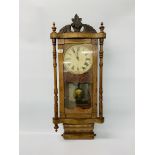 A VICTORIAN MAHOGANY INLAID "ROLLING PIN" WALL CLOCK THE MOVEMENT STRIKING ON A BELL
