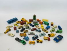 BOX OF VINTAGE DIE-CAST MODELS TO INCLUDE BUSES AND CARS, CONSTRUCTION VEHICLES,
