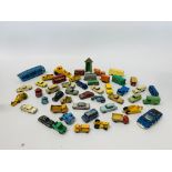 BOX OF VINTAGE DIE-CAST MODELS TO INCLUDE BUSES AND CARS, CONSTRUCTION VEHICLES,