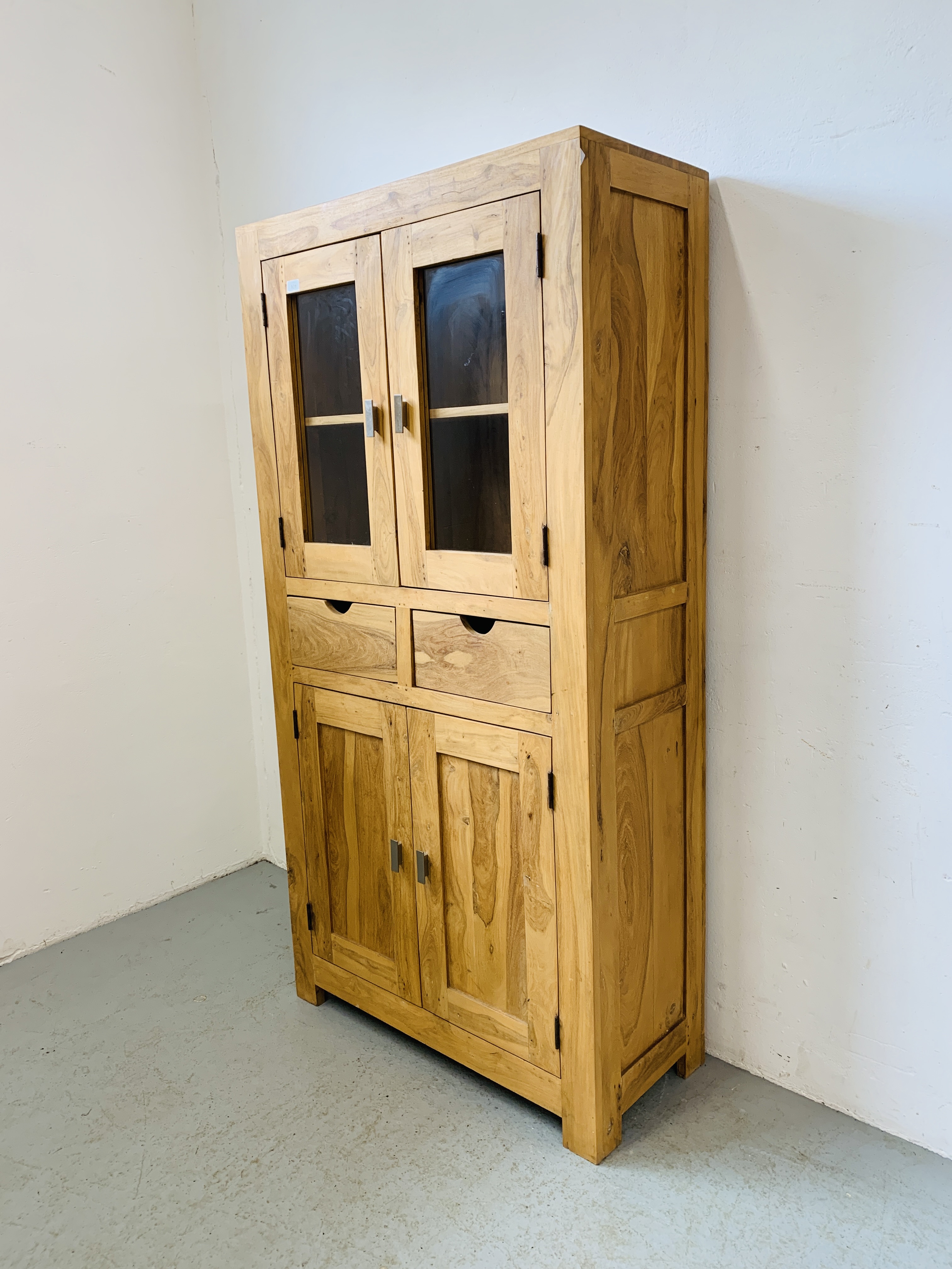 HARDWOOD ACACIA PART GLAZED CABINET WITH TWO CENTRAL DRAWERS - W 90CM. D 40CM. H 180CM. - Image 2 of 8