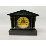 A SLATE MANTEL CLOCK WITH CORINTHIAN COLUMN DETAIL EXPOSED ESCAPEMENT THE MOVEMENT STRIKING ON A